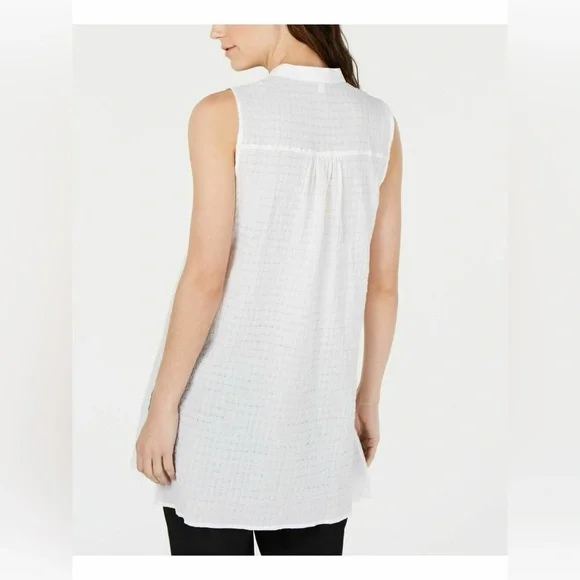 Eileen Fisher Organic Cotton Voile Box Mandarin Button Tunic in White sz S, $198